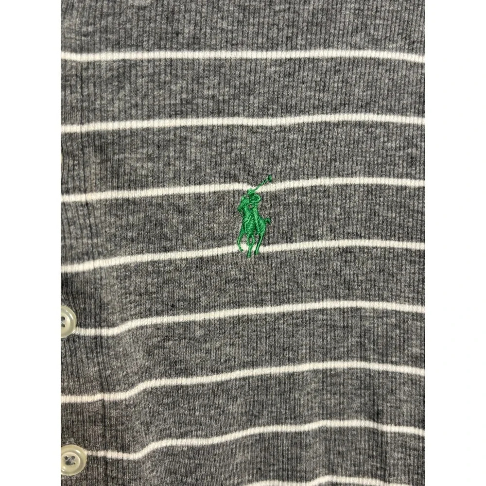 Ralph Lauren Womens Gray Striped Henley Top Green Pony Logo Lyocell Cotton Blend